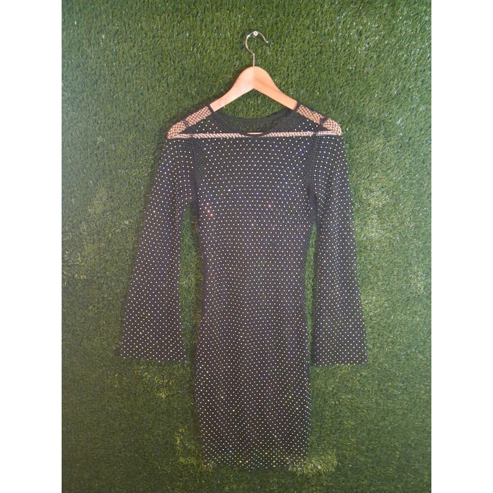 Sexy Black Mesh Rhinestone Mini Dress Sheer Fishnet Long Sleeve Clubwear Size S